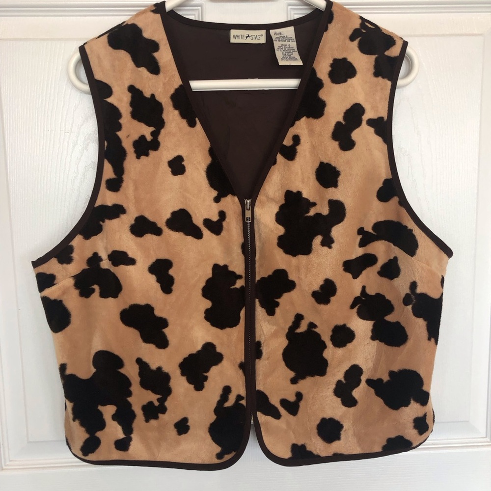 Cow print faux fur zip up vest streetwear boho hippie festival